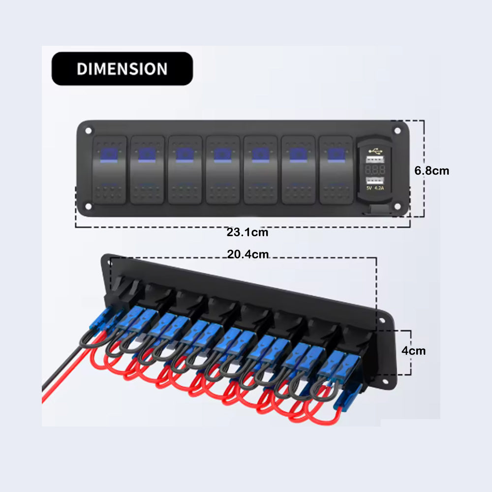 12V-24V Pre Wired 7 Gang Switch Panel LED Rocker Switch Panel with Volt USB Port