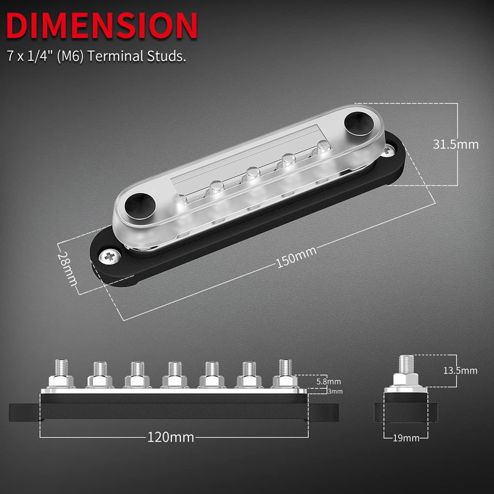 M6 Bus Bar 12V-48V 150A Power Distribution Block 7xM6 Posts Studs Terminal Block