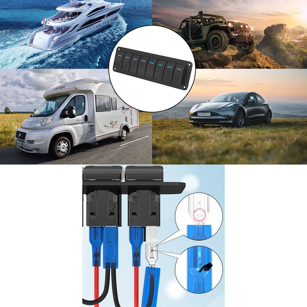 Pre-wired 8 Gang Blue LED Rocker Switch Panel 12-24V for Car Caravan Boat Marine