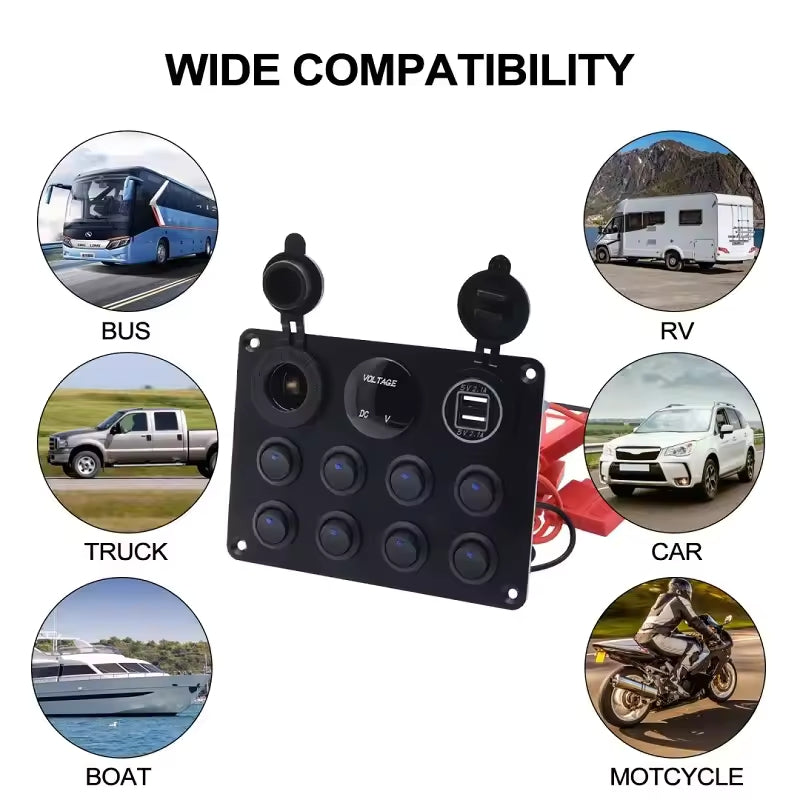 12-24V Red 8 Switch Panel Volt USB Port 12V Outlet Combination Marine LED Rocker