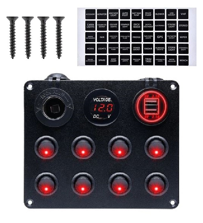 Pre Wired 8 Gang Switch Panel Usb Volt Meter Socket For Car Truck Marine (Red)