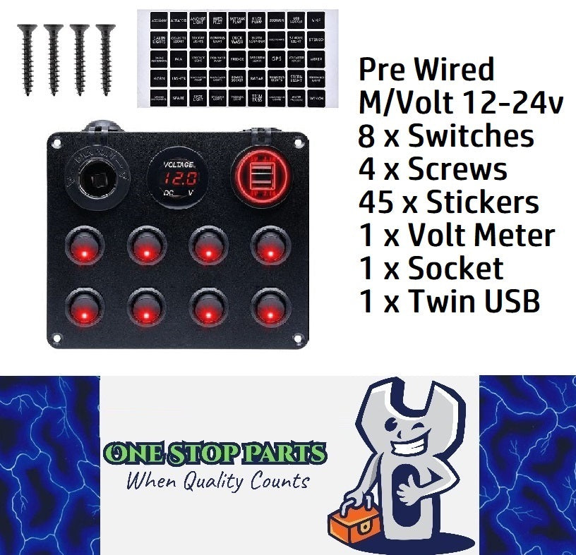Pre Wired 8 Gang Switch Panel Usb Volt Meter Socket For Car Truck Marine (Red)