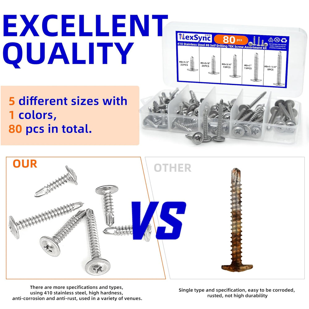 80pcs #8 Truss Head Self Tapping TEK Screws Stainless Steel Self Drilling Screws
