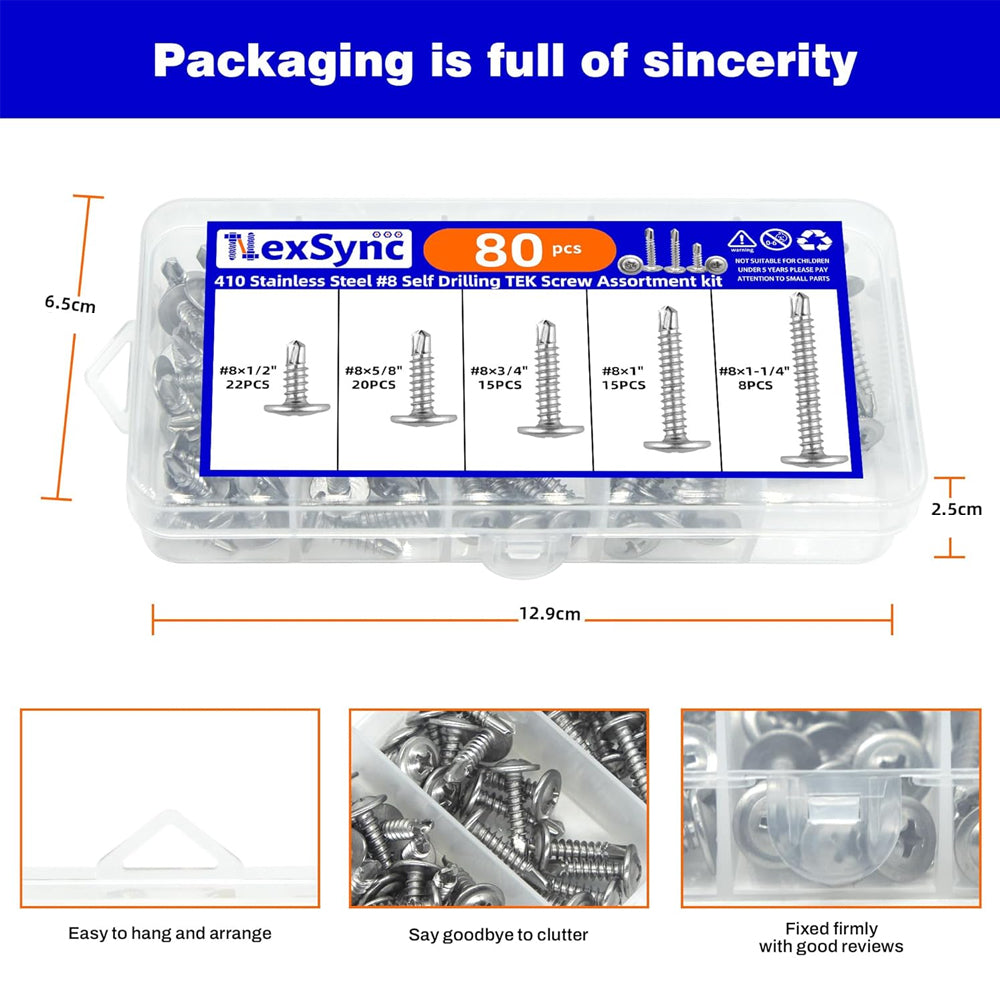 80pcs #8 Truss Head Self Tapping TEK Screws Stainless Steel Self Drilling Screws