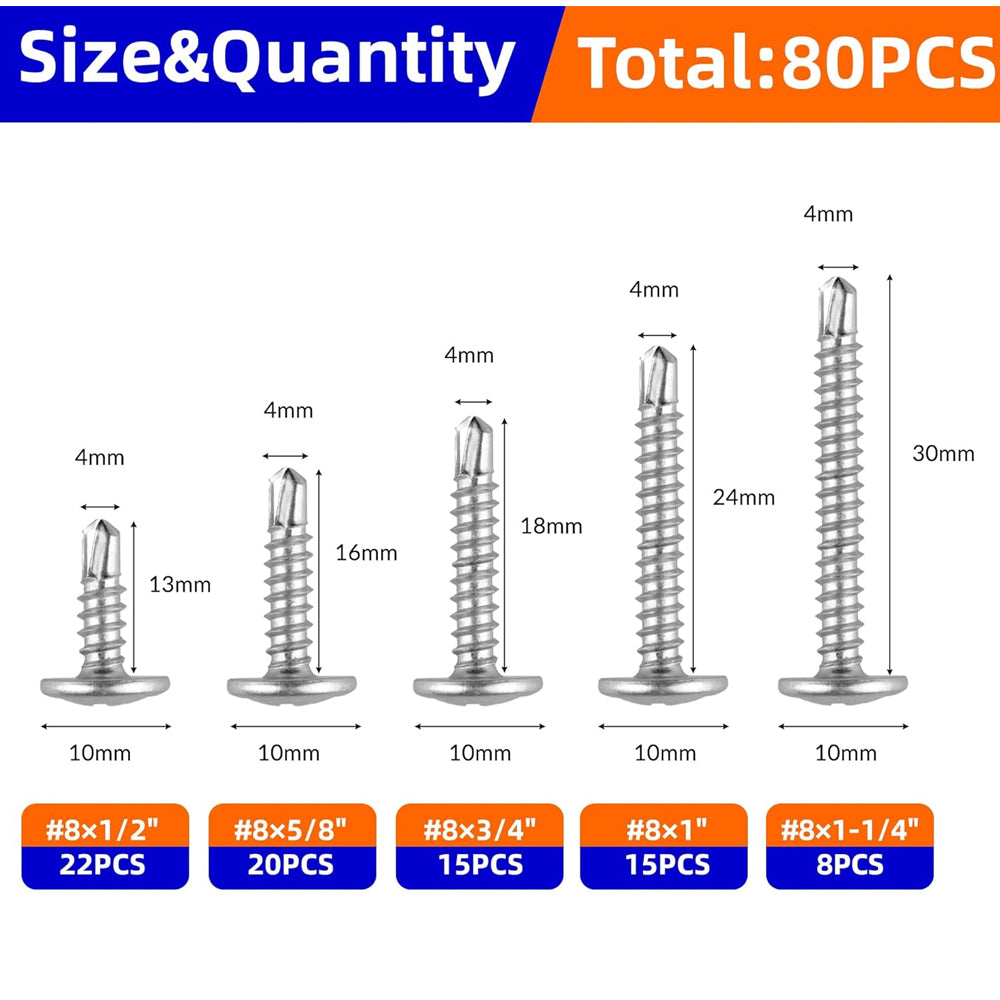 80pcs #8 Truss Head Self Tapping TEK Screws Stainless Steel Self Drilling Screws