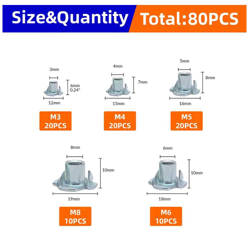 80pcs T Nuts 4 Pronged Tee Blind Nut Kit M3/4/5/6/8 Four-Claw Nut Wood Furniture