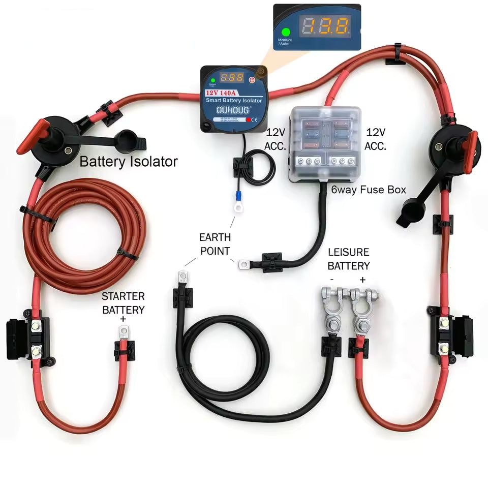 12V Dual Battery Kit LED Voltage Sense Relay Isolator Fuse Terminal Switch (5M)