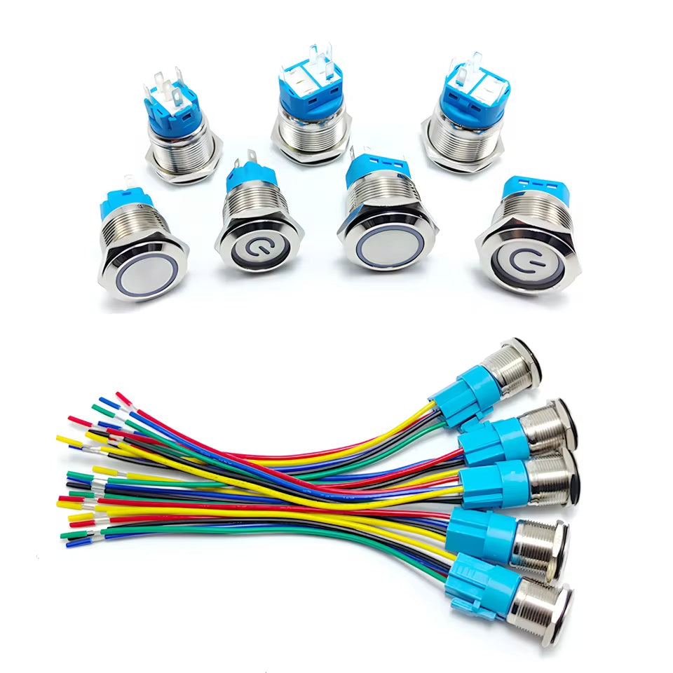 2 x 19mm Metal Push Button Switch Blue LED 12V-24V Pre-Wired Self-Rest Switch