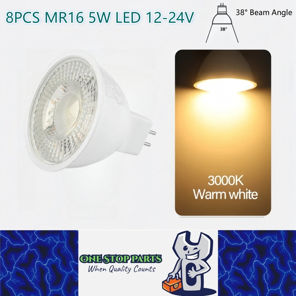 8 x MR16 5W LED Spotlight AC/DC 12V-24V 38 Degree 3000K Warm White Downlight