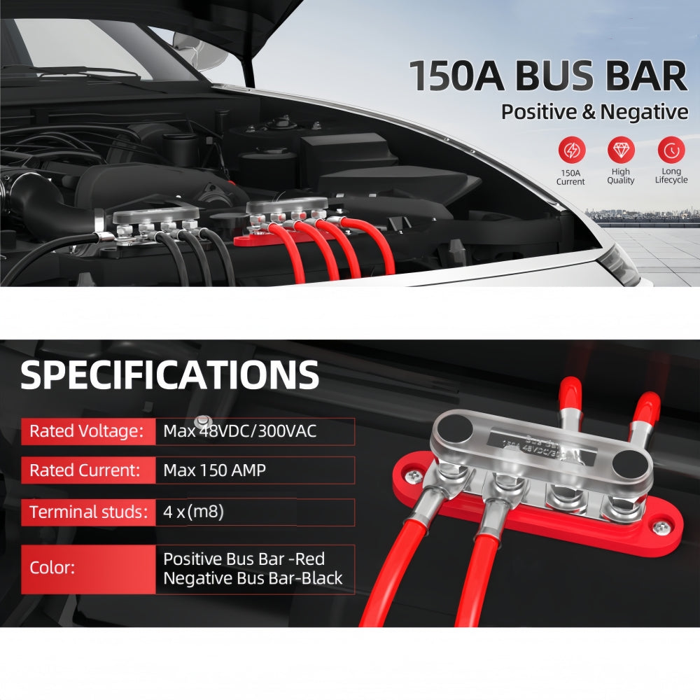 M8 Bus Bar 12V-48V 150A Power Distribution Block 4xM8 Posts Stud Terminal Block