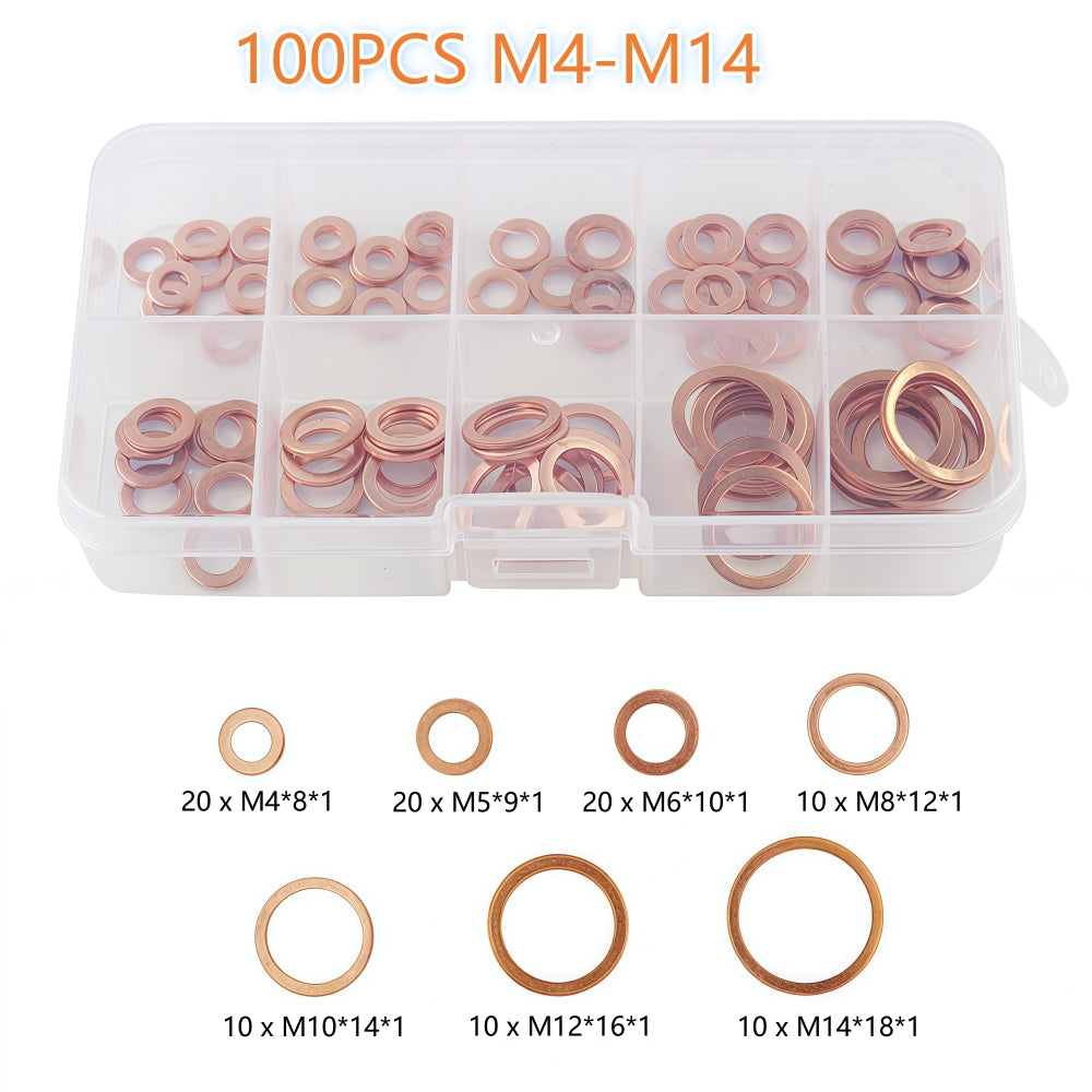 100 x Assorted Copper Sump Plug Washers M4 M5 M6 M8 M10-M14 Suits Most Vehicles