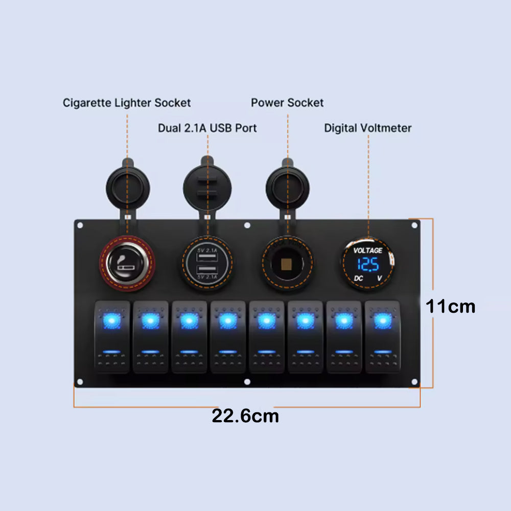 12V 24V 8 Gang Rocker Switch Panel Volt USB Port 12V Outlet Cigarette Socket