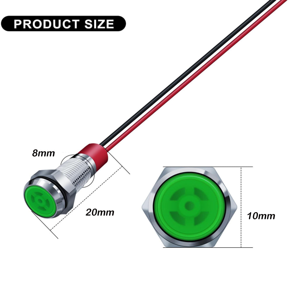 10x Green LED Indicator Light 8mm Metal 12V-24V Pilot Signal Lamp IP67 Car Boat