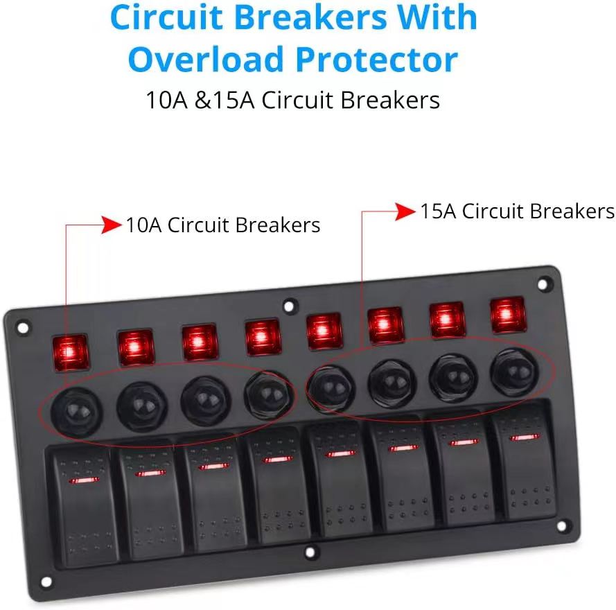 8 Gang Rocker Switch Panel Red LED Lights Pre-Wired with Circuit Breakers