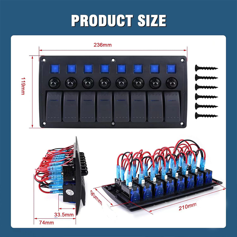8 Gang Rocker Switch Panel Red LED Lights Pre-Wired with Circuit Breakers