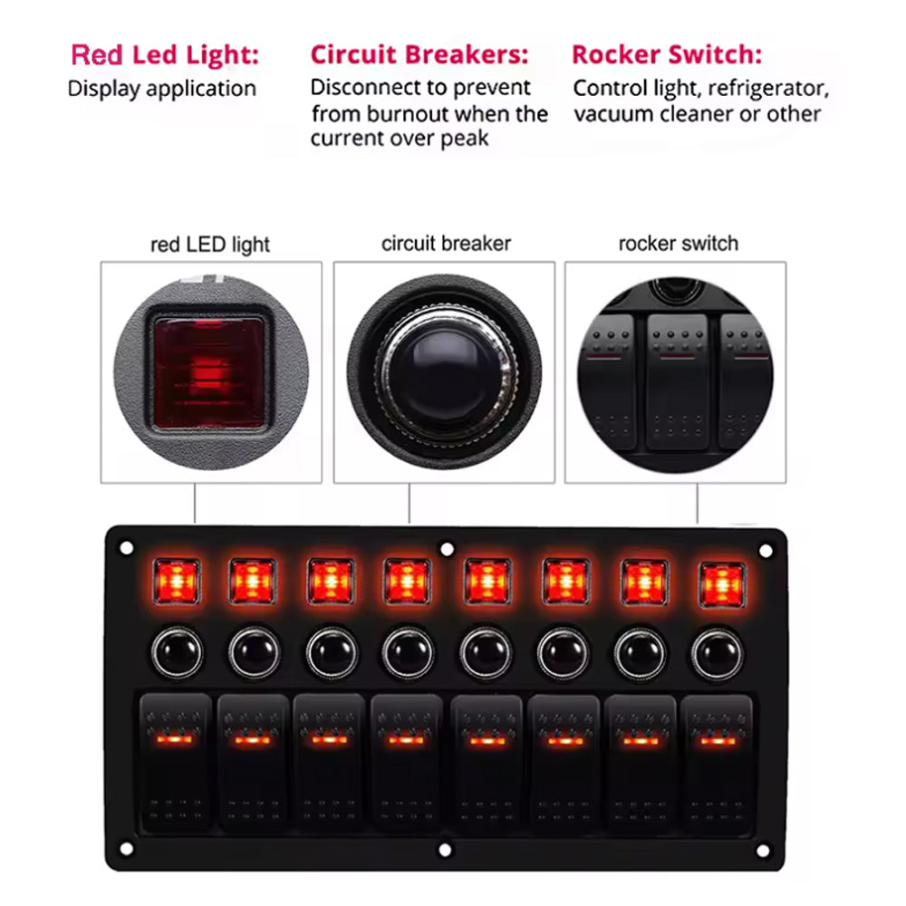 8 Gang Rocker Switch Panel Red LED Lights Pre-Wired with Circuit Breakers