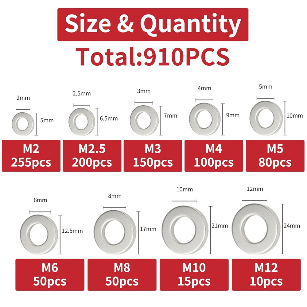 910pcs 304 Stainless Steel Flat Washer Kit M2–M12 9 Size for Home Car Repair DIY