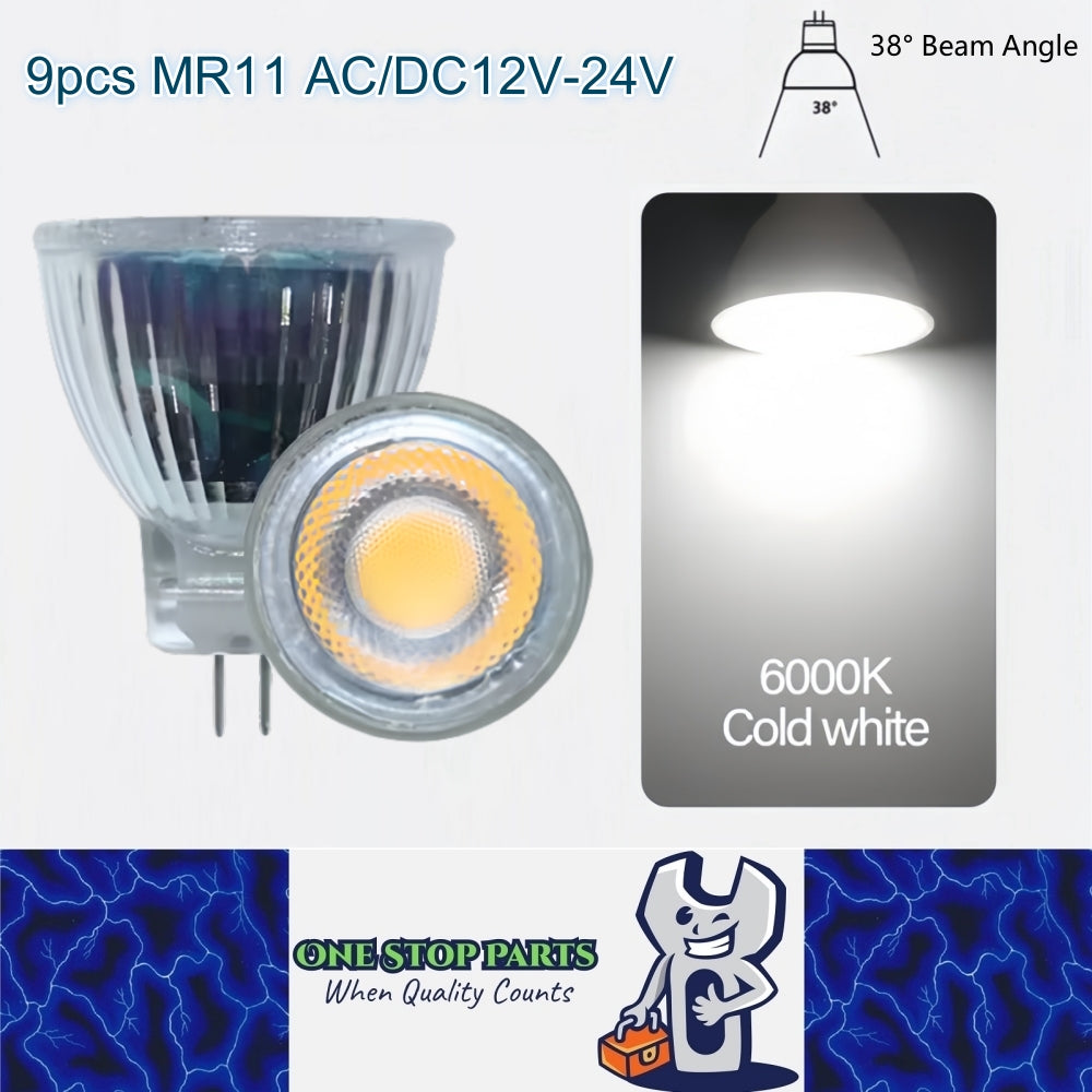 9 x MR11 3W LED Spotlight AC/DC 12V-24V 38° 6000K Cold White Glass Downlight