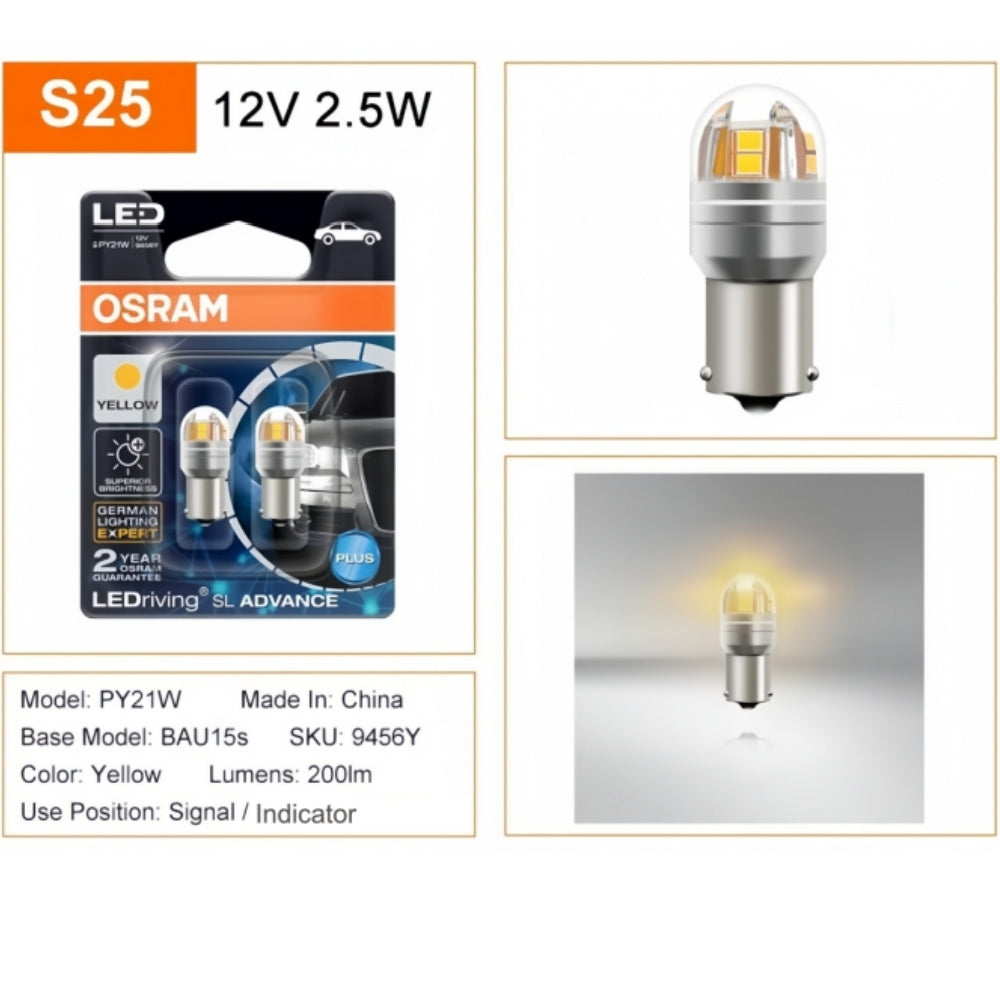 2 x OSRAM 1156 BAU15S Yellow LED Globe 12V PY21W LED Signal Light Indicator Lamp