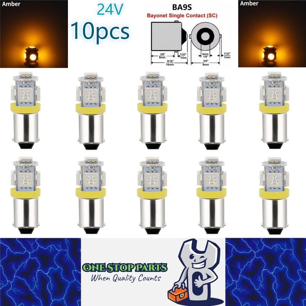 10 x BA9S AMBER 24V 5SMD 360 DEGREE LIGHT 88LM IDEAL FOR PARKERS OR DASH 10pcs