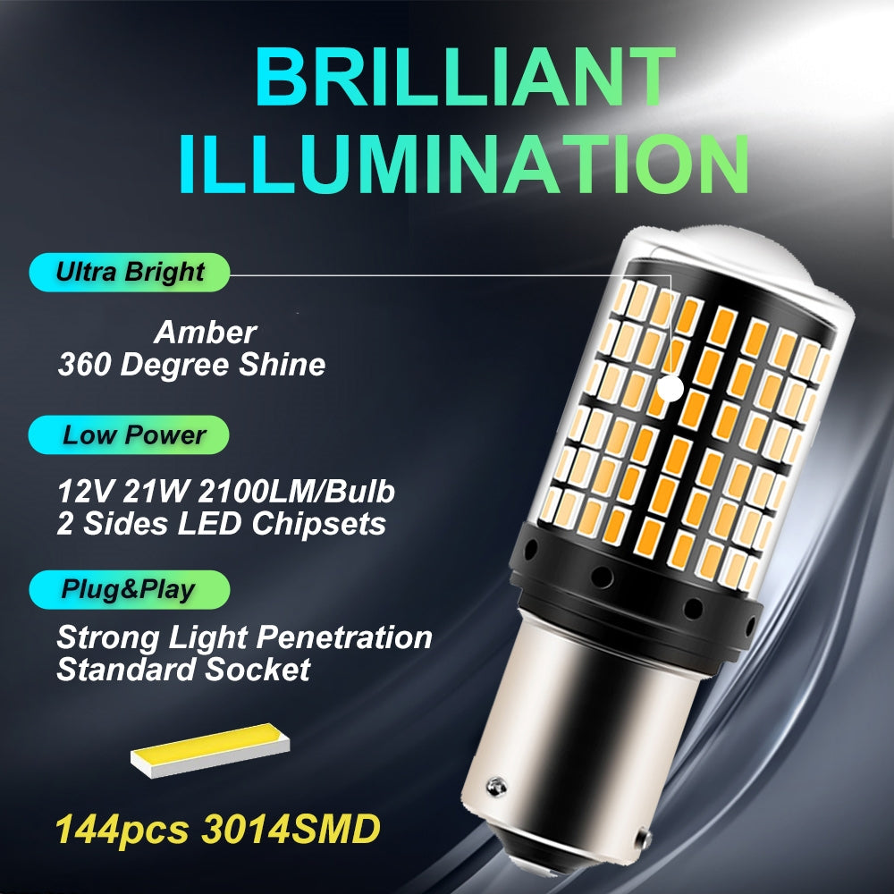 2 x BAU15S 1156 12V 2100LM Amber LED 144SMD CANBU 360 degree super Bright (2pcs)