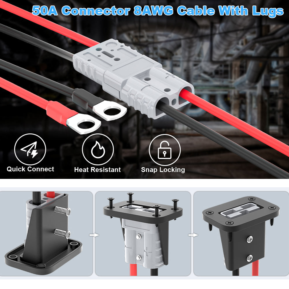 2 x 50amp Anderson Style Plugs With 40cm 8AWG Cable Mounting Bracket and Cover