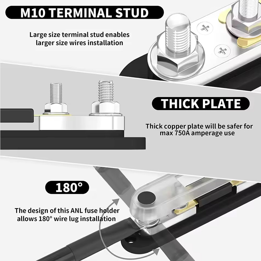 ANL Fuse Holder Max 750A with 2 x M10 Stud Terminals and 1 x 150A ANL Fuse Block