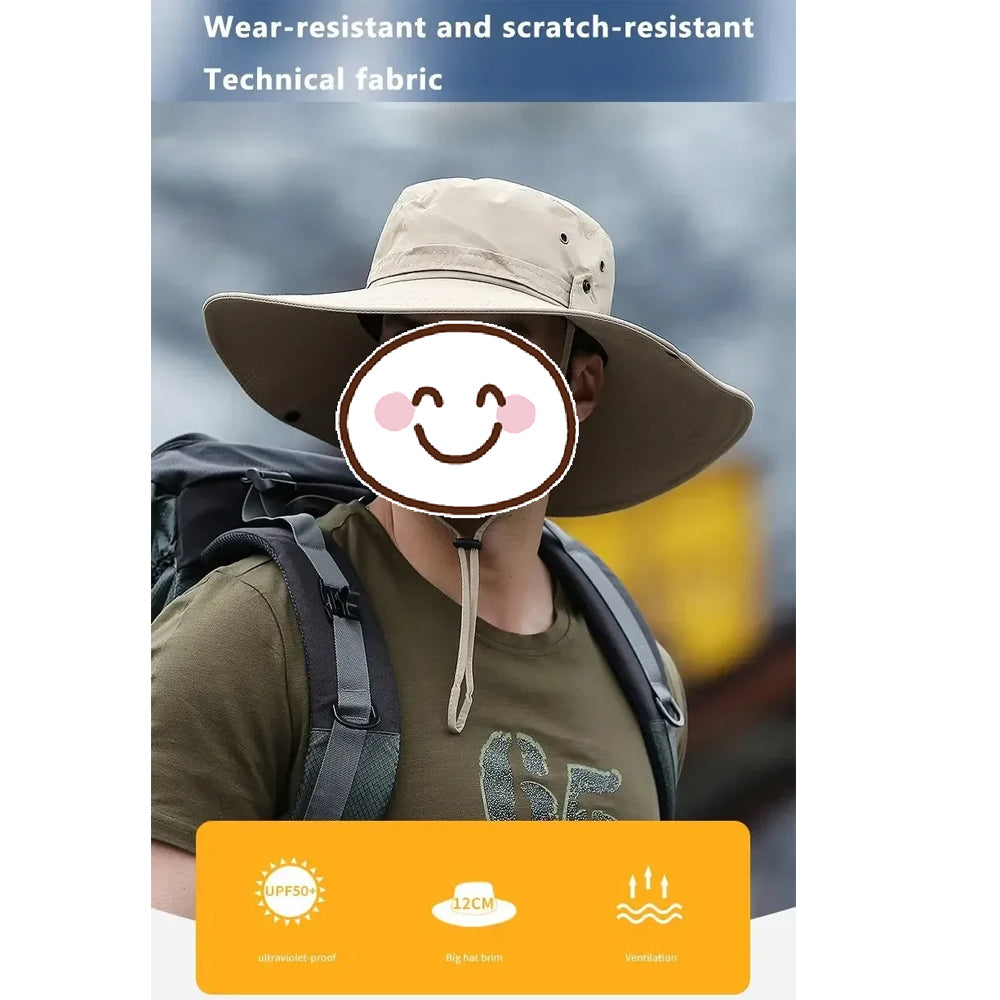 Khaki Men Anti-UV Sun Hat Wide Brim Mesh Panama Camping Hiking Fisherman Hat