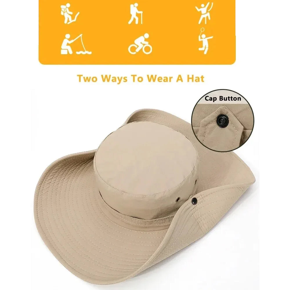 Khaki Men Anti-UV Sun Hat Wide Brim Mesh Panama Camping Hiking Fisherman Hat