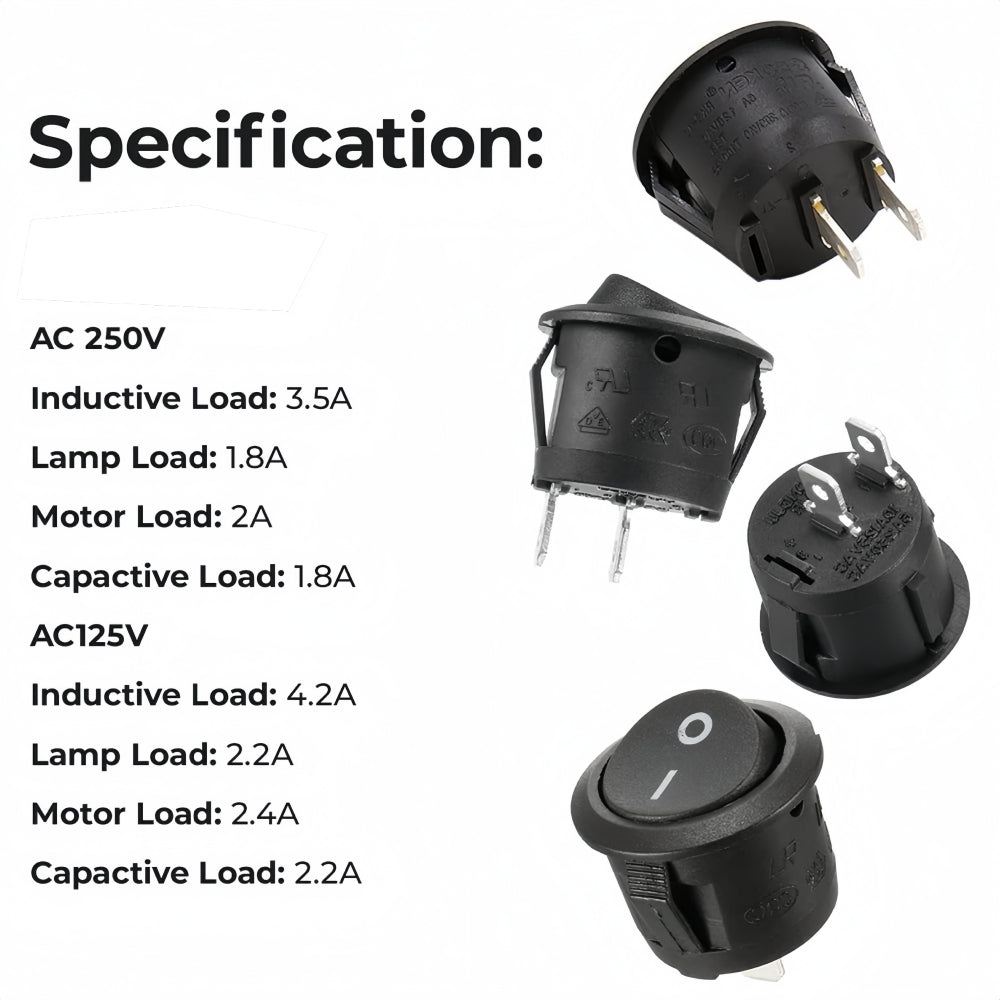 10 x Round Rocker Switch Car Boat Dashboard 2 Pin ON/OFF Power Switch Black