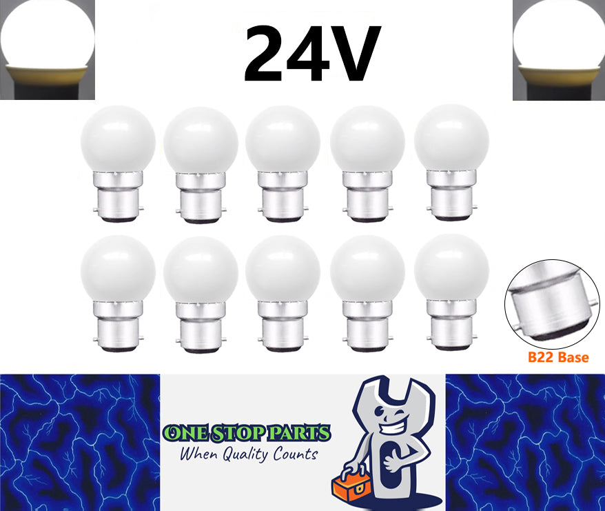 10 x Cool White 24V B22 1W LED Bubble Globe Frosted White ideal for sign (10pcs)