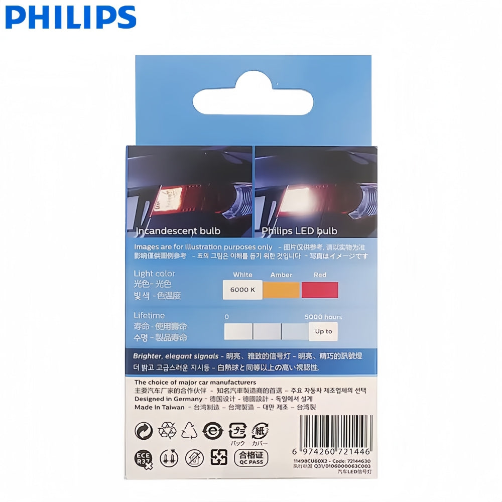 2 x Philips 1156 BA15S Cool White LED Globes 12V P21W LED Signal Reverse Light