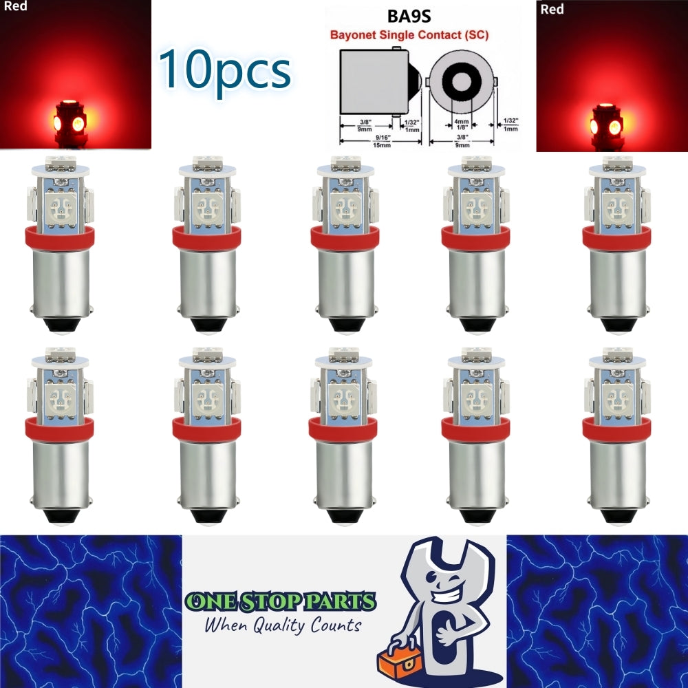10 x BA9S RED 12V 5SMD 360 DEGREE LIGHT 88LM IDEAL FOR PARKERS OR DASH 10pcs