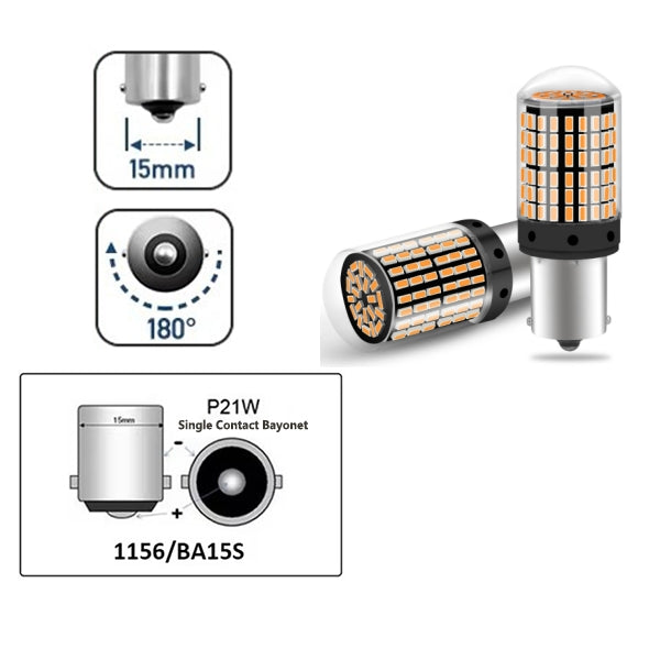2 x BA15S 1156 12V 2100LM Amber LED 144SMD CANBUS 360 degree super Bright
