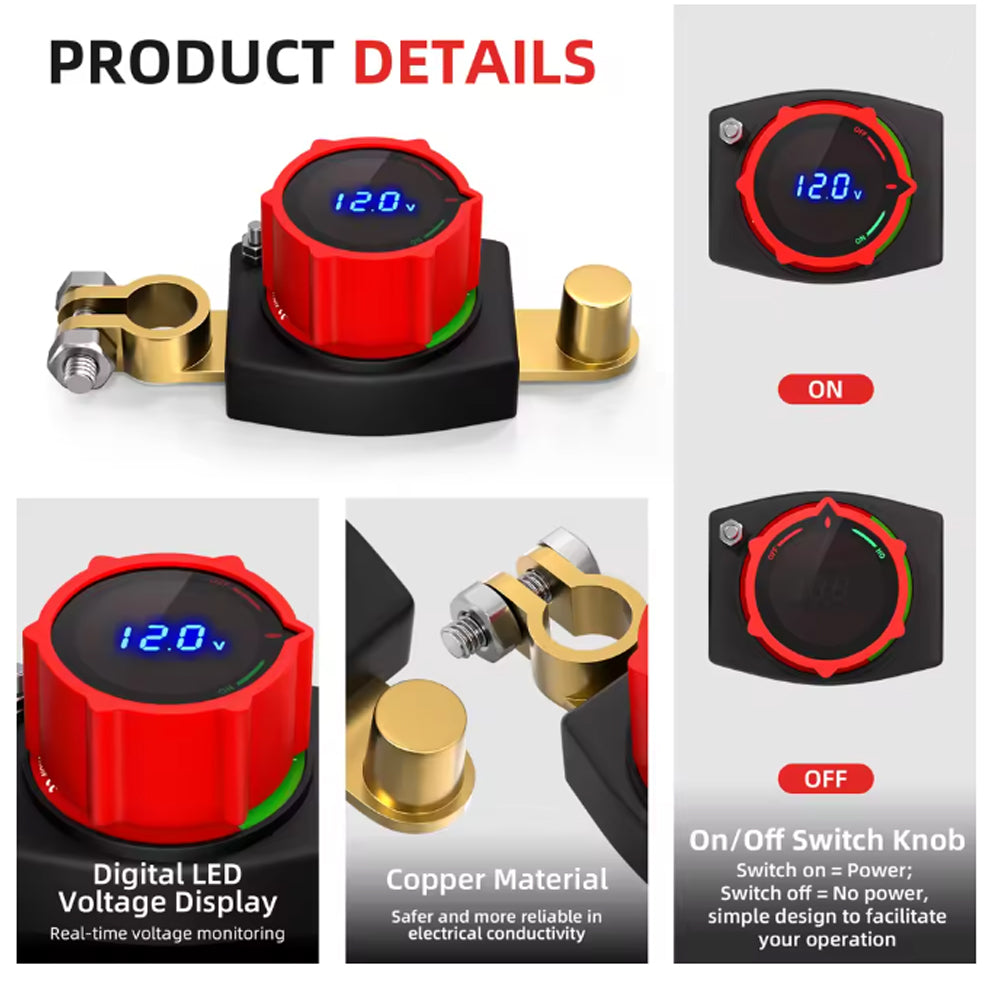 250A Top Post Battery Disconnect Switch 12-48V with LED Voltmeter Cut Off Switch