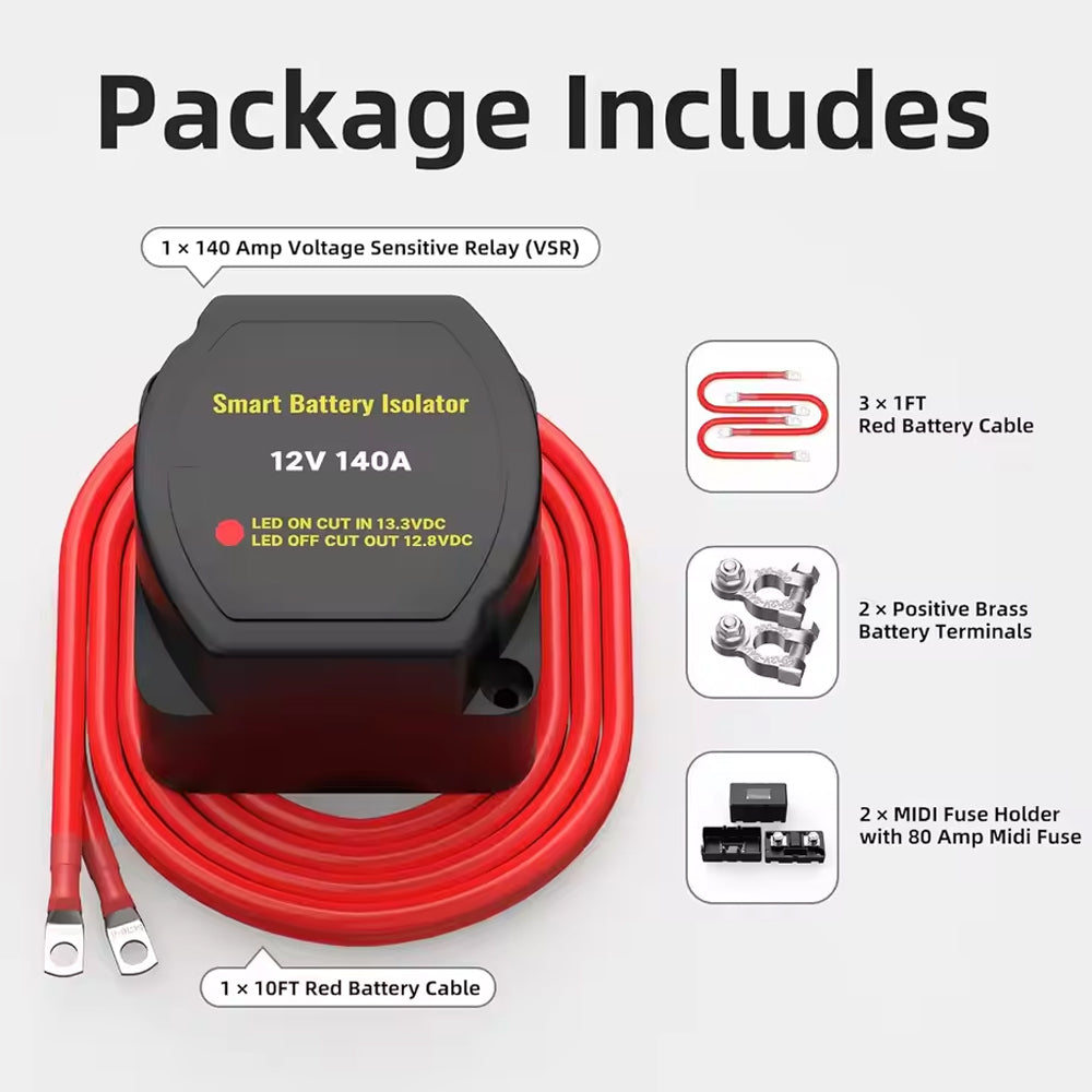 Dual Battery Isolator Kit with Voltage Sensitive Relay Cable Ternimal FuseHolder