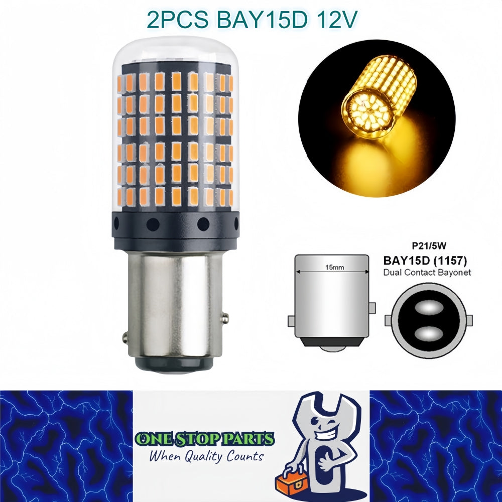 2 x BAY15D 1157 12V 2100LM Amber LED 144SMD CANBUS 360 degress Super Bright 2pcs