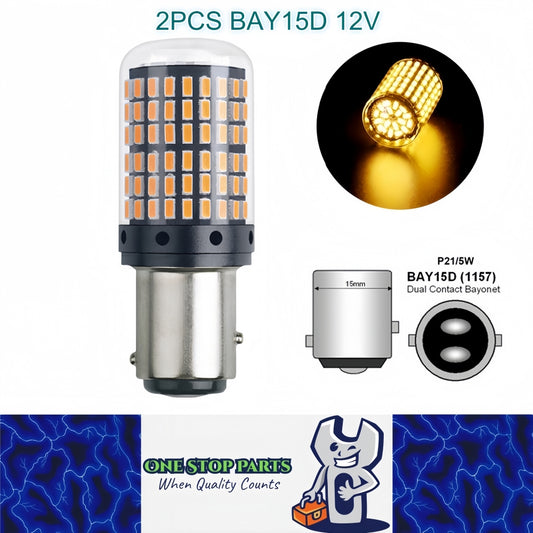 2 x BAY15D 1157 12V 2100LM Amber LED 144SMD CANBUS 360 degress Super Bright 2pcs