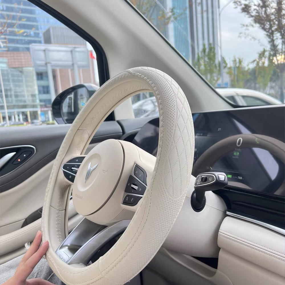 Napa Leather Car Steering Wheel Cover Universal 38cm Non-slip Breathable Beige
