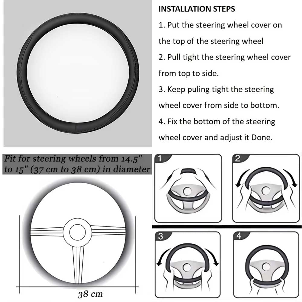 Napa Leather Car Steering Wheel Cover Universal 38cm Non-slip Breathable Black