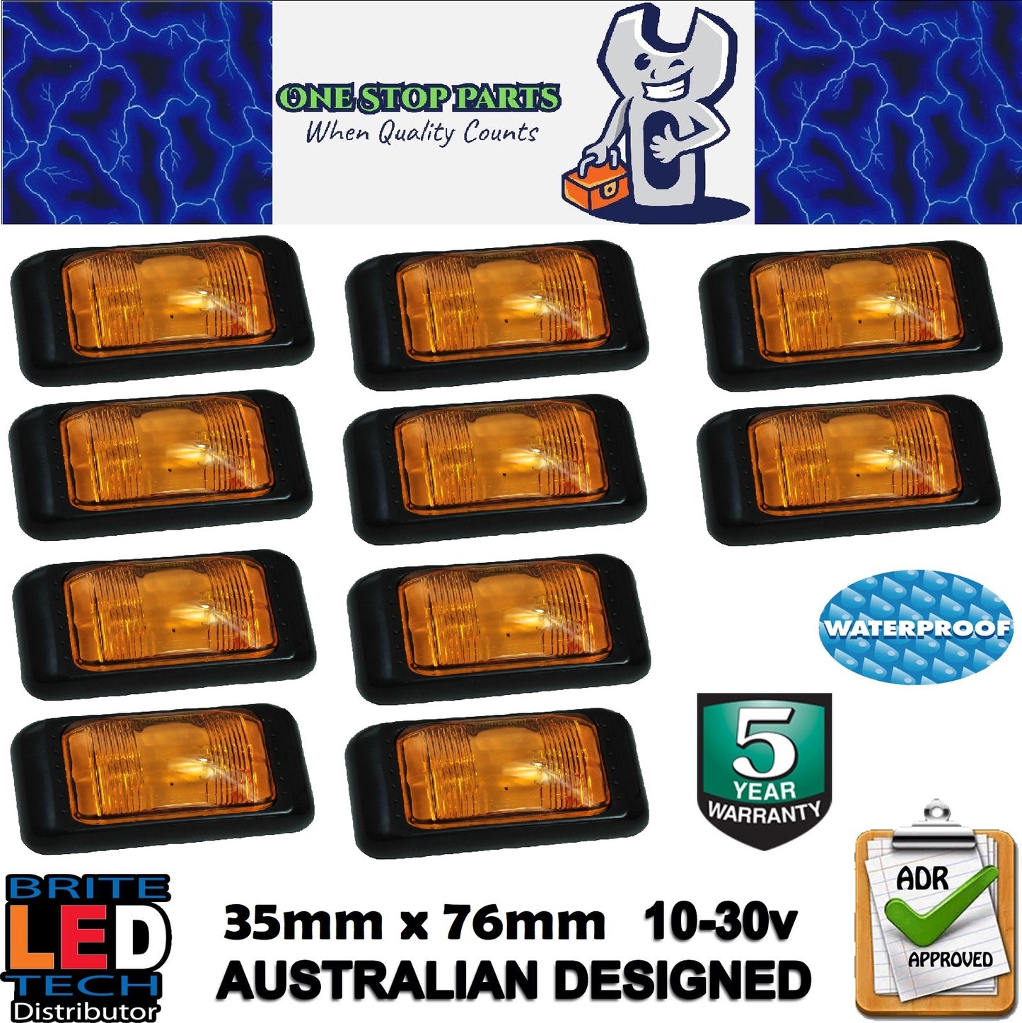 10 x AMBER LED SIDE MARKER LIGHTS TRAILER TRUCK CARAVAN MULTI VOLT ADR (10pcs)