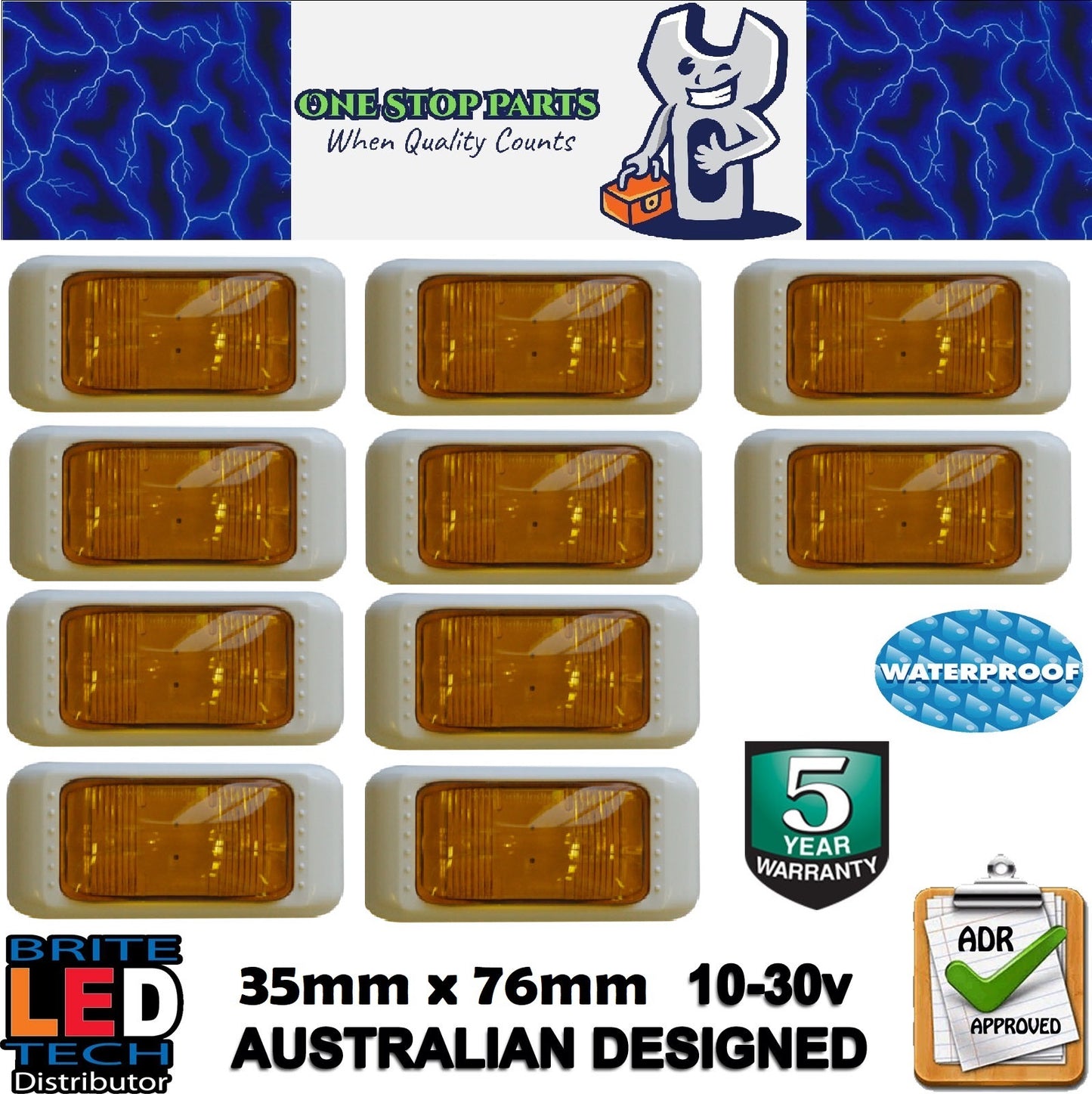 10 x AMBER LED SIDE MARKER LIGHTS WITH WHITE SURROUNDS MULTI VOLT ADR (10pcs)