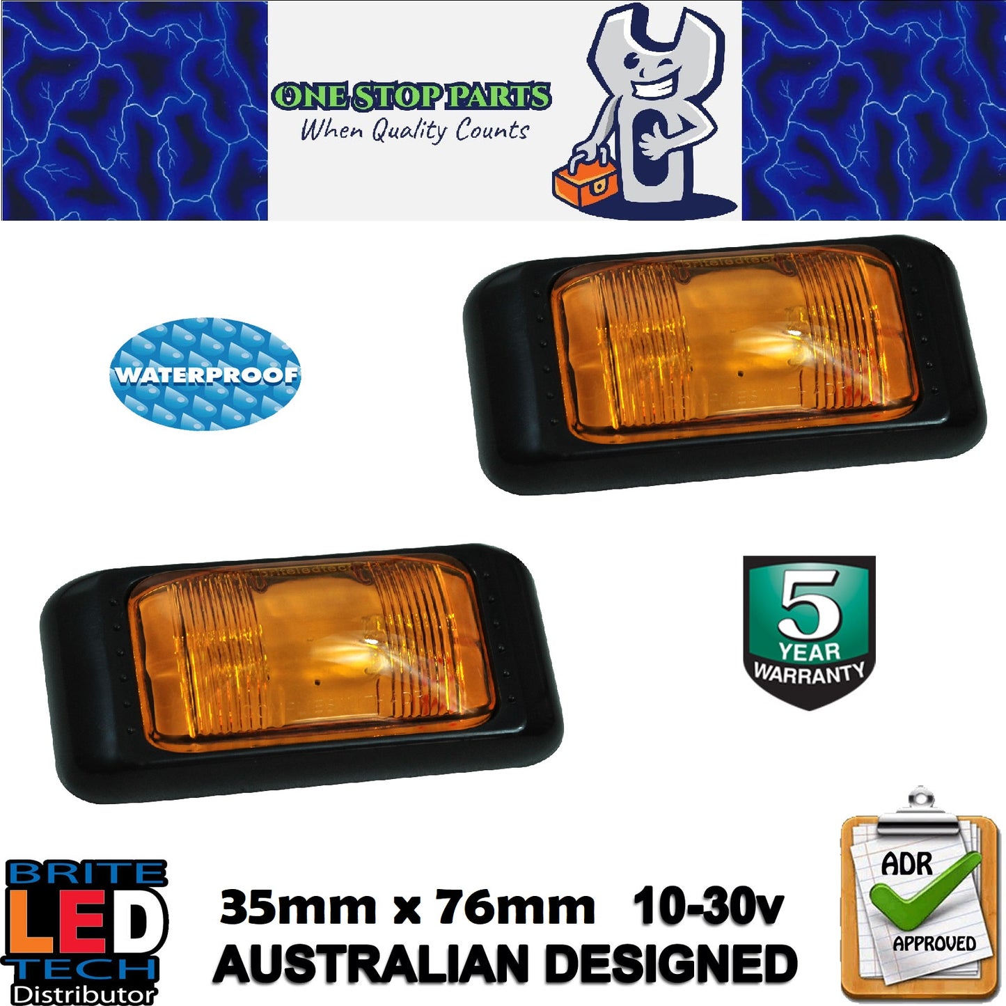 PAIR AMBER LED SIDE MARKER LIGHTS TRAILER TRUCK CARAVAN MULTI VOLT ADR (2)