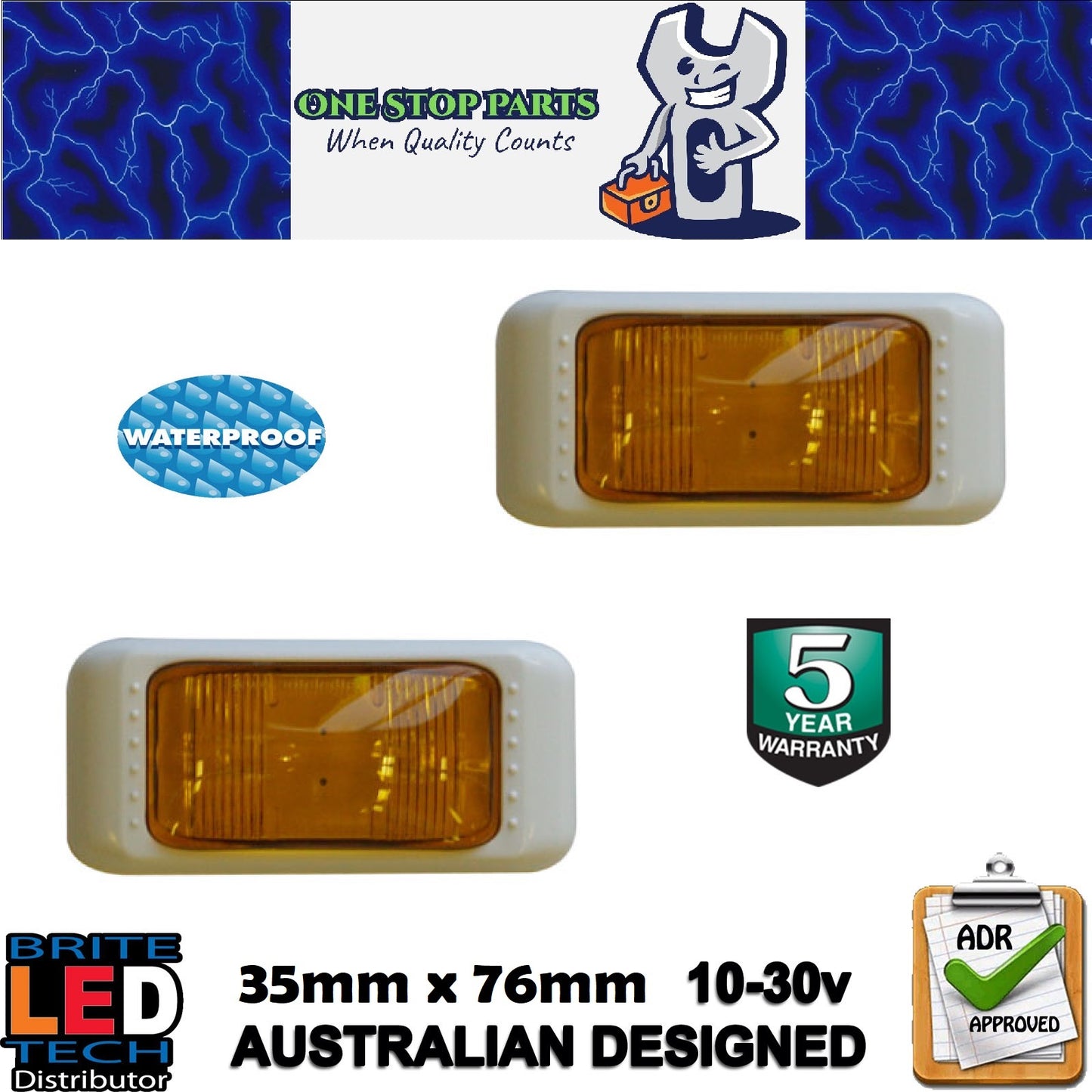 PAIR AMBER LED SIDE MARKER LIGHTS WITH WHITE SURROUNDS MULTI VOLT ADR (2)