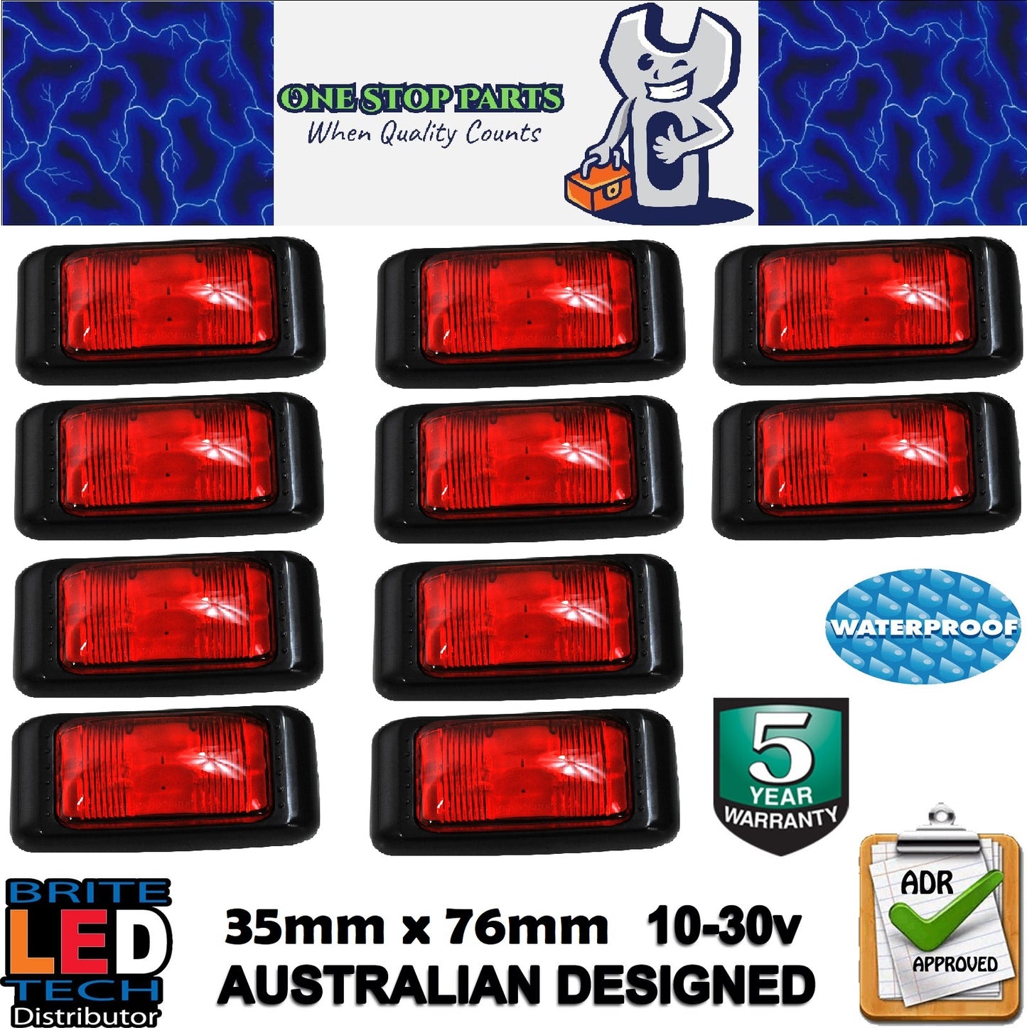 10 x RED LED REAR MARKER LIGHTS TRAILER TRUCK CARAVAN MULTI VOLT ADR (10pcs)