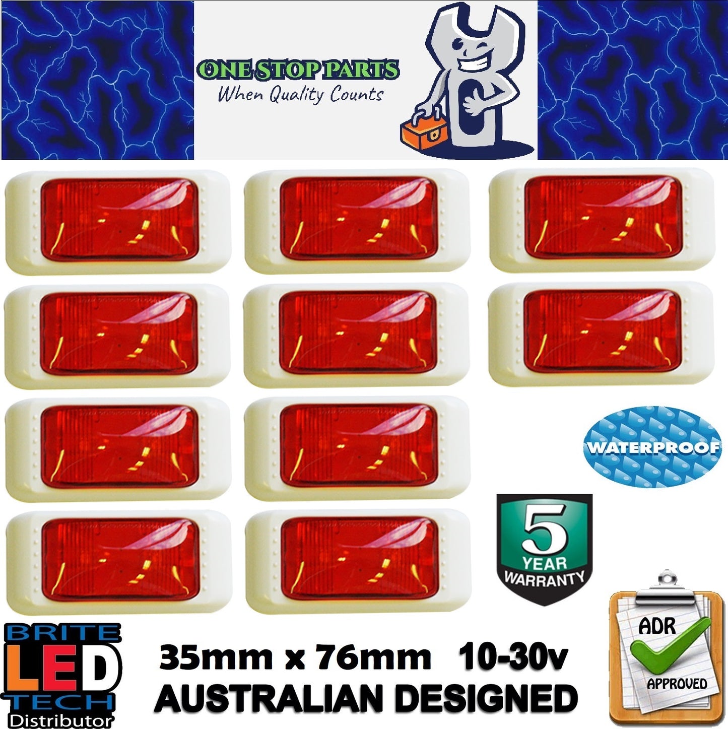 10 x RED LED REAR MARKER LIGHTS WITH WHITE SURROUNDS MULTI VOLT ADR (10pcs)