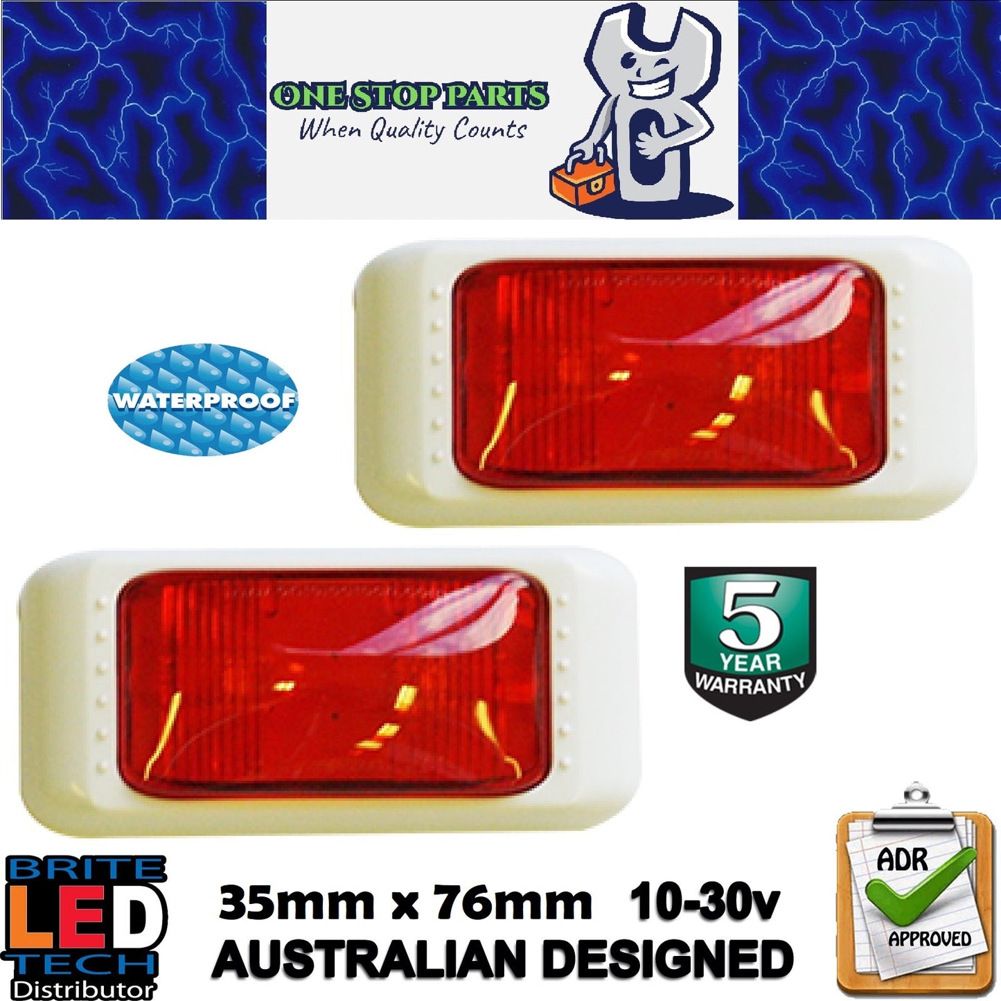 PAIR RED LED REAR MARKER LIGHTS WITH WHITE SURROUNDS MULTI VOLT ADR (2)