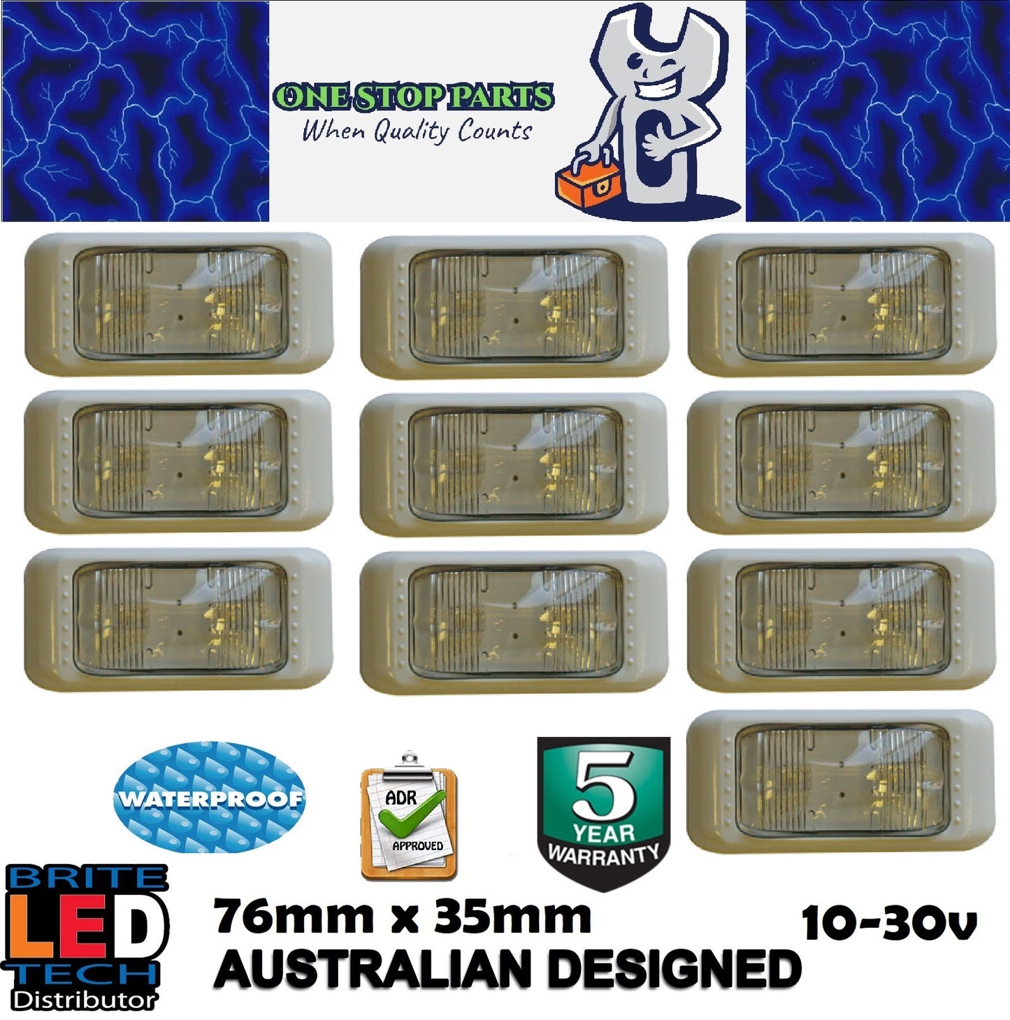 10 x WHITE LED FRONT MARKER LAMPS WITH WHITE SURROUNDS MULTI VOLT ADR (10pcs)