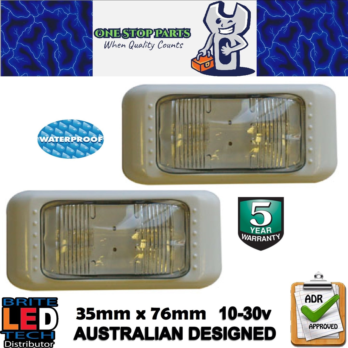 2 X WHITE LED FRONT MARKER LIGHTS WITH WHITE SURROUNDS MULTI VOLT ADR (2pcs)