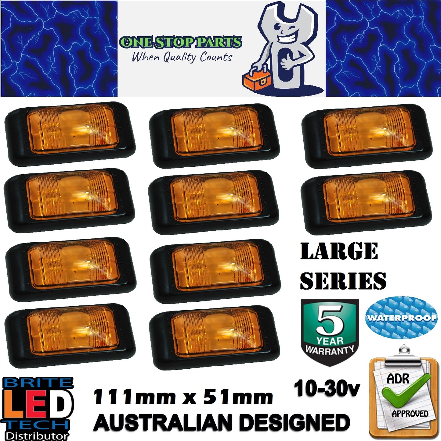 10 LARGE SERIES AMBER LED SIDE MARKER LIGHTS TRAILER TRUCK CARAVAN M/VOLT ADR